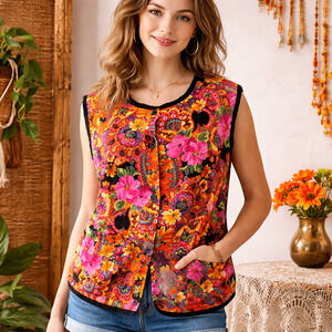 60s Barkcloth Floral Vest Apron Cover-Up Button Front Pocketed